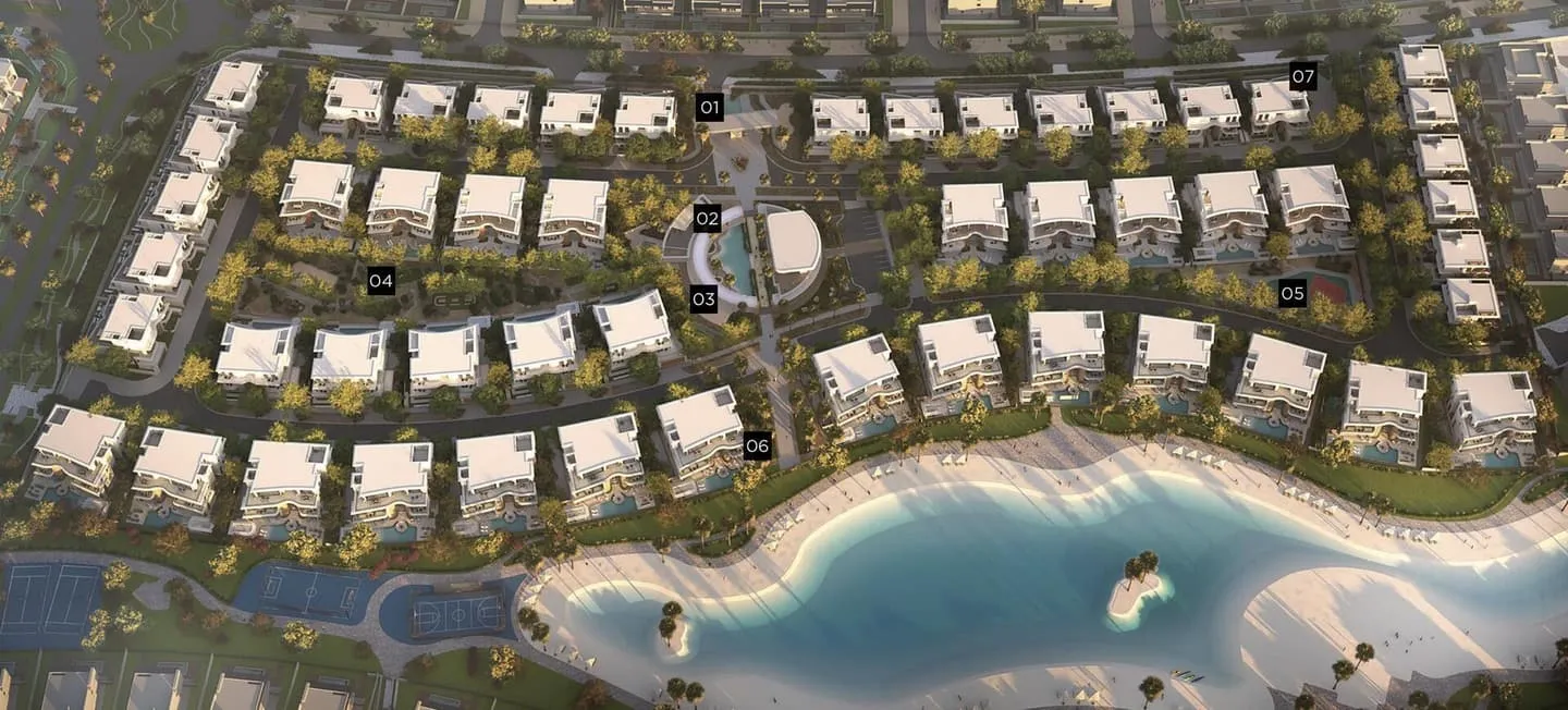 An aerial view of the Karl Lagerfeld villa community around its lagoon
