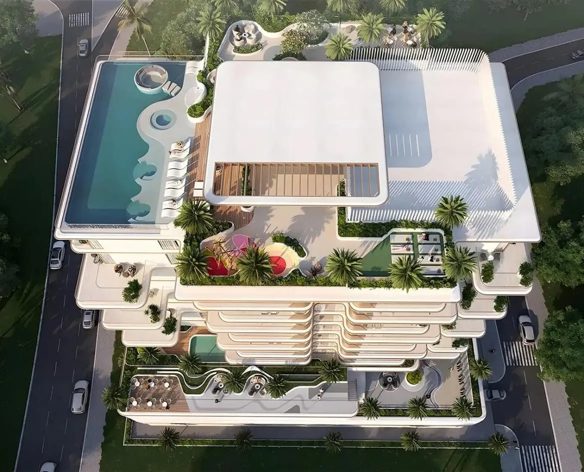 Directly above the roof, the pool and its lounge terrace laid out between planters and shade structures