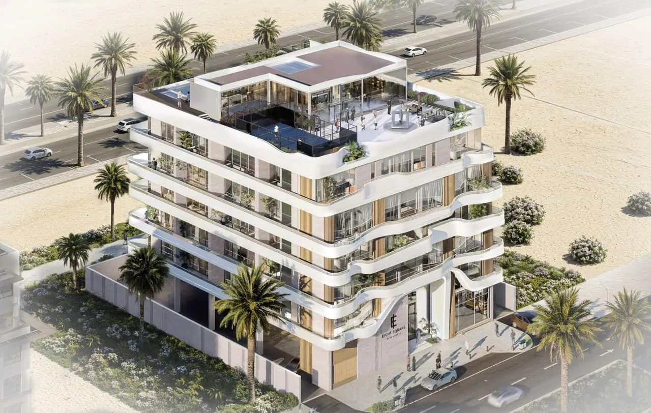 Aerial view of the Nooré development showing the building within its surrounding street and landscaping