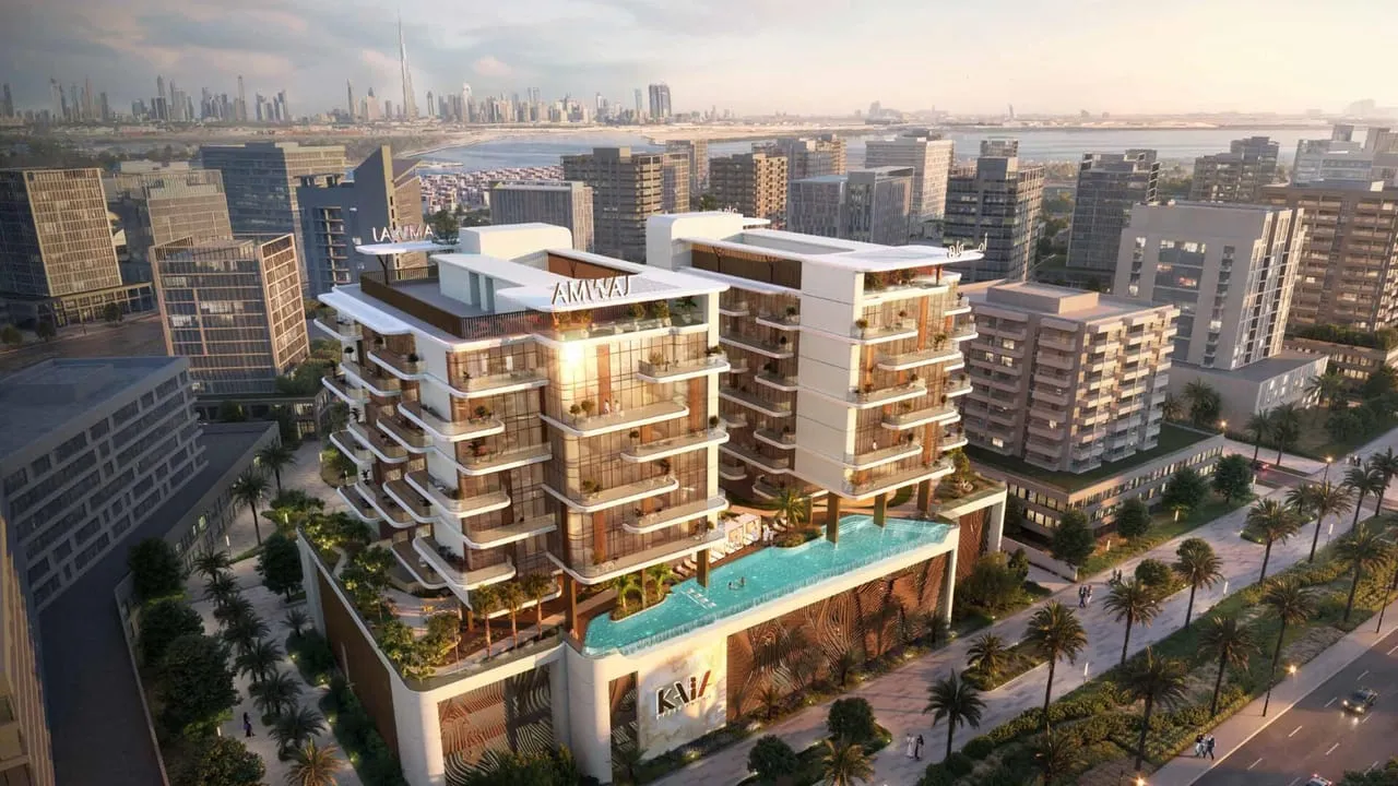Seen from the air, the development among the island's low blocks with its pool deck between the wings