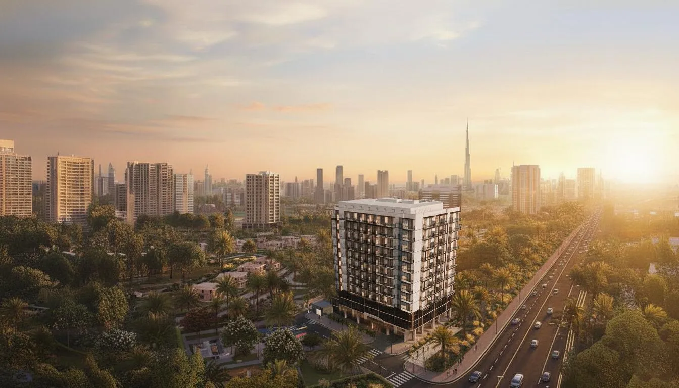 The building from a distance at sunset, low villas and palms around it and the Downtown skyline on the horizon