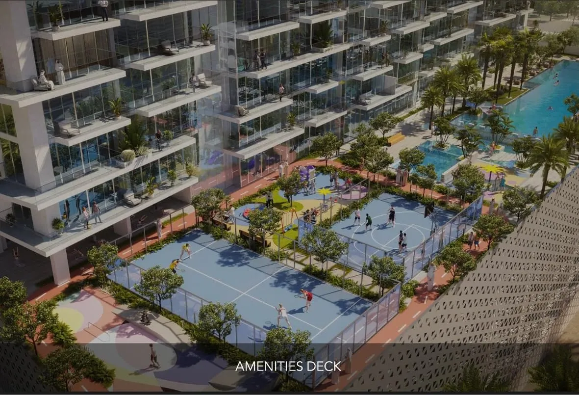 Render of the amenities deck from above, with a pool, sports courts and the tower's balconies