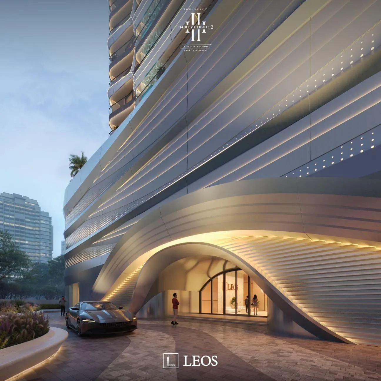 The arrival drop-off under the building, a sweeping white soffit curving over the roadway with a car beneath it