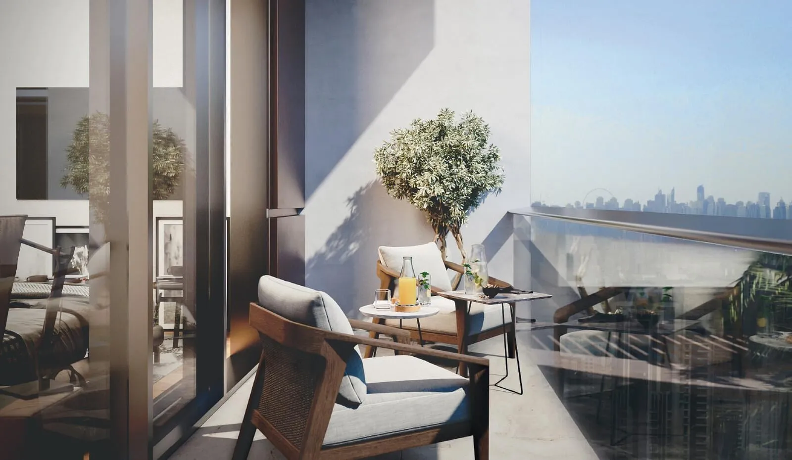 An armchair and side table on a balcony, the city beyond the glass and a slatted screen shading one side
