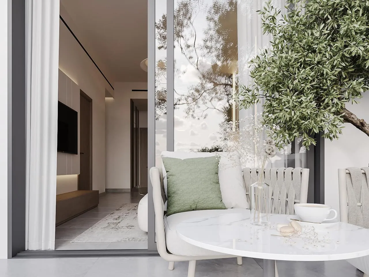 A balcony breakfast table for two, planting on both sides and the room glazed behind