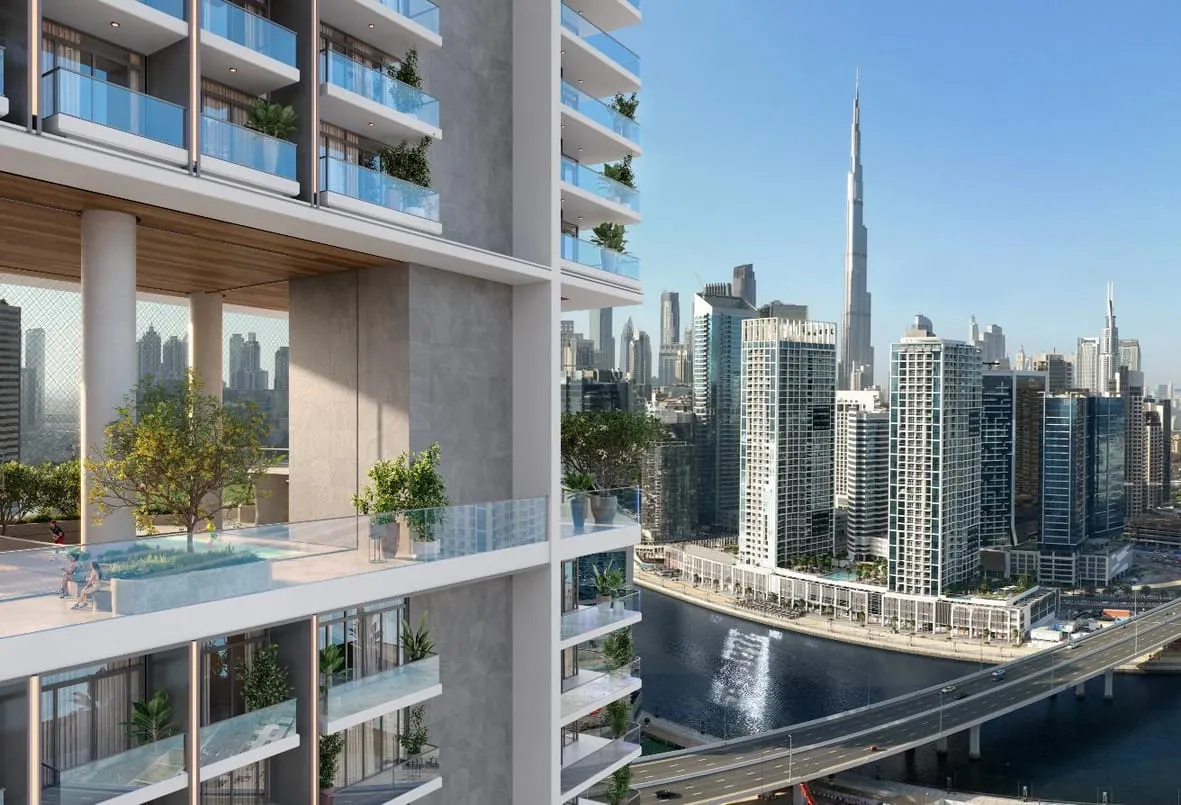 Render of the tower's balconies with Burj Khalifa and the canal beyond