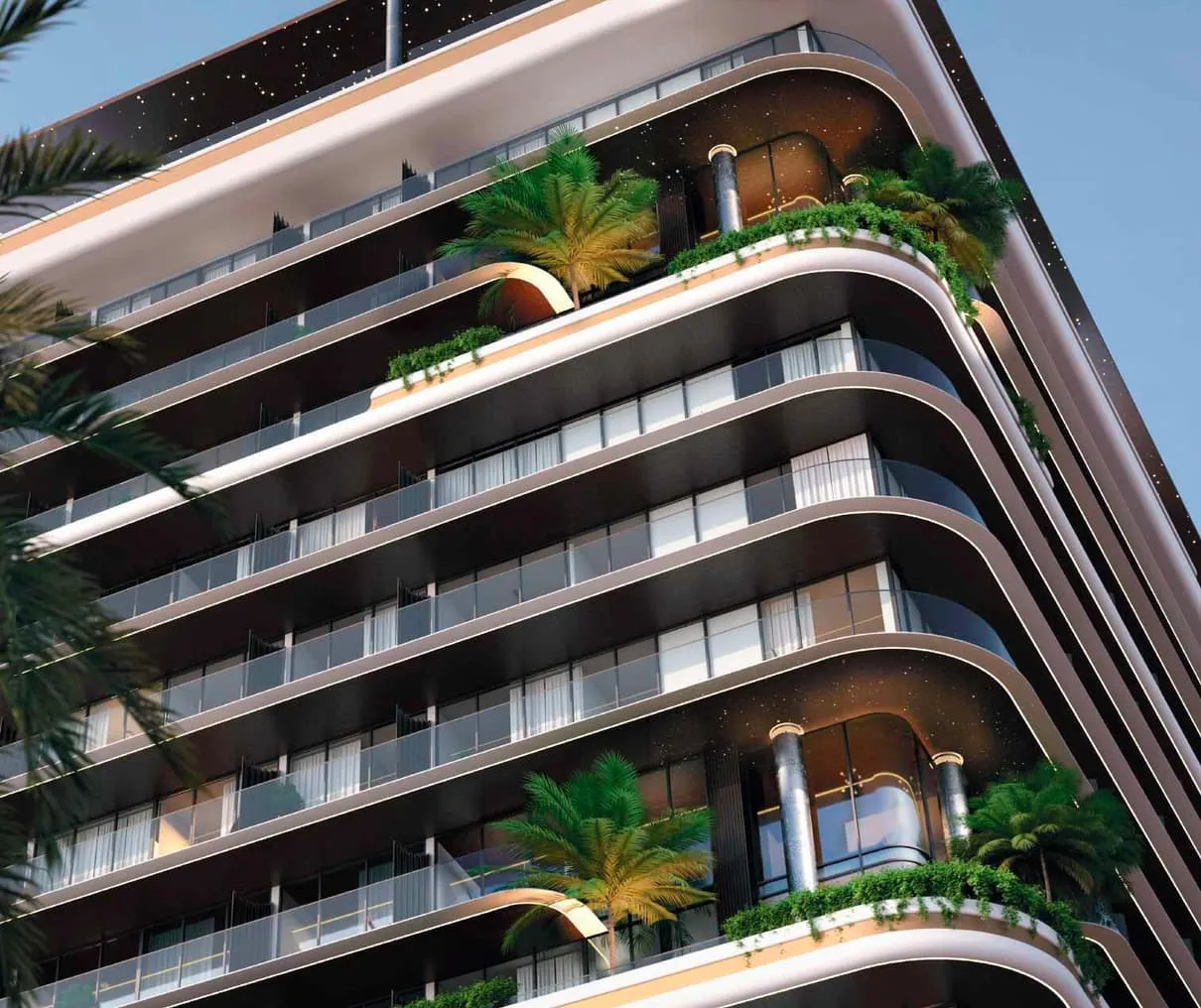 The corner balconies from above, curved slabs with planting spilling over the edge of each terrace