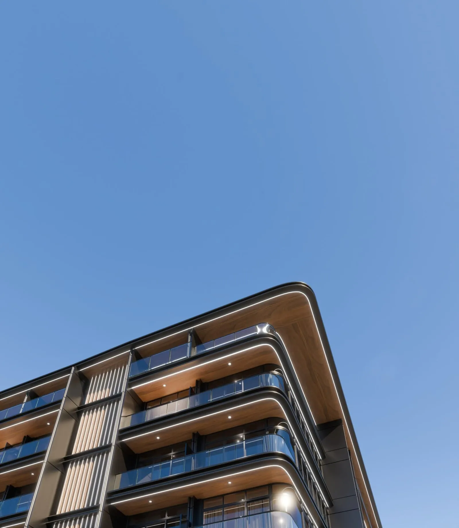 Close-up of the building's layered timber-toned balconies against a clear sky.