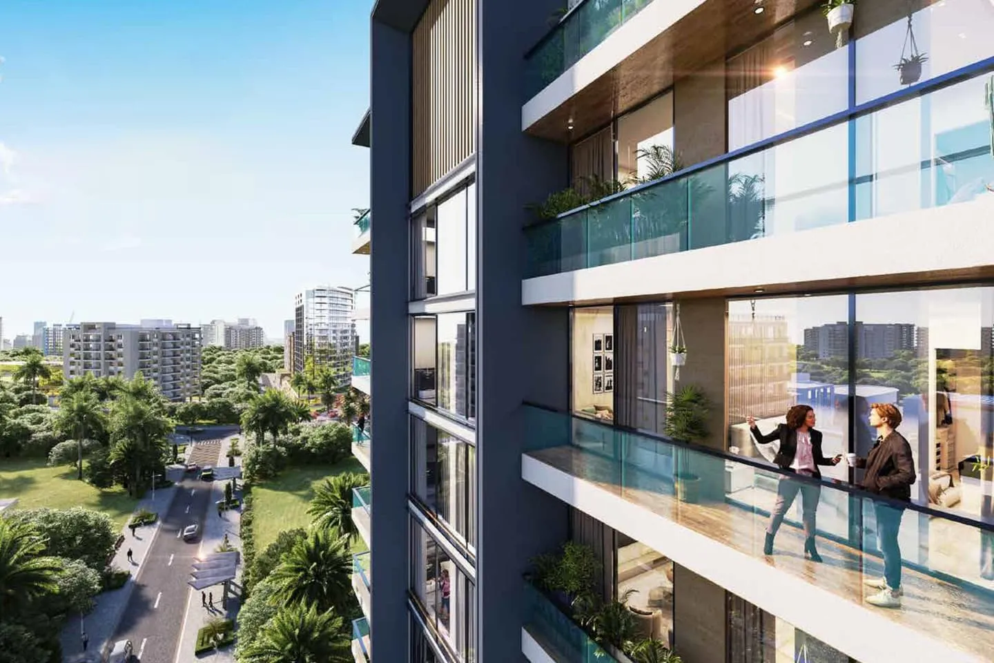 Residents standing at a glass-balustraded balcony, the green neighbourhood spread out beyond the rail