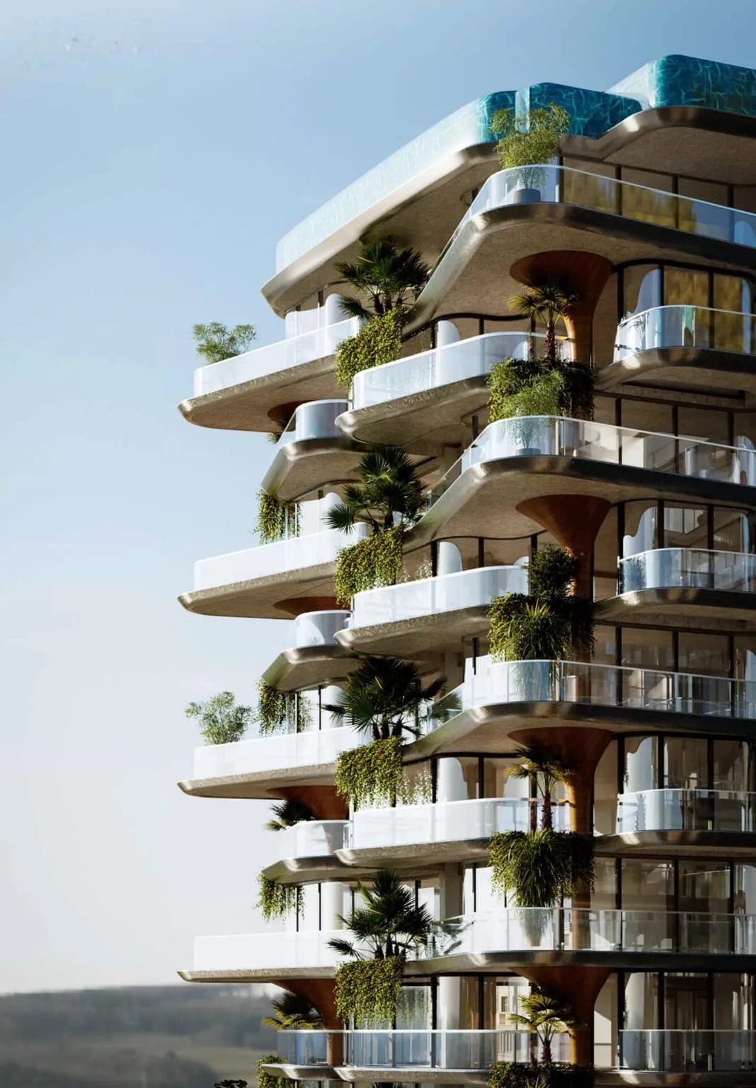 Close view of the tiered balconies cascading with lush greenery down the facade.