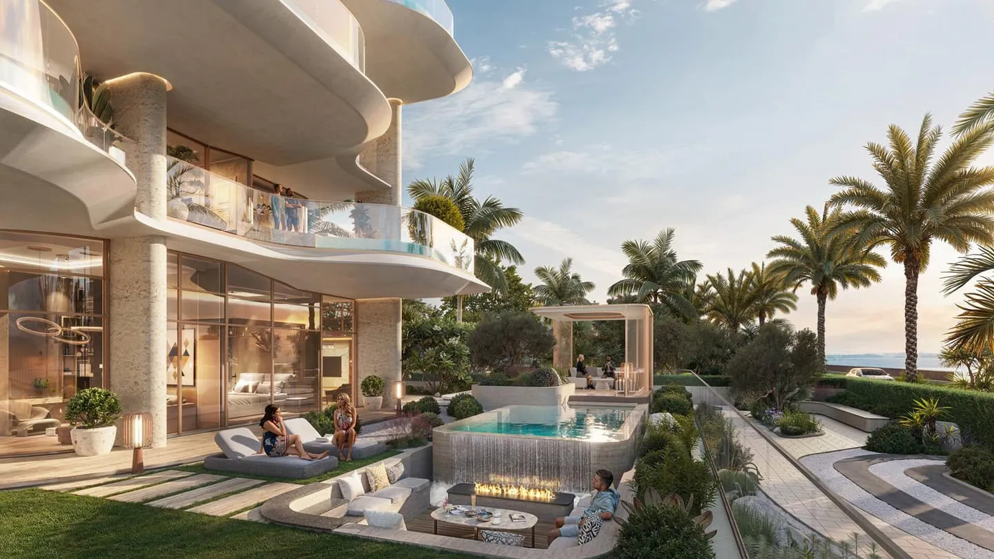 A private plunge pool on the balcony, planting along the parapet and sea beyond