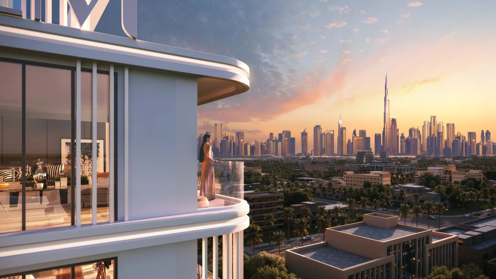 Private balcony at Linea by Holm overlooking the Dubai skyline at sunset.