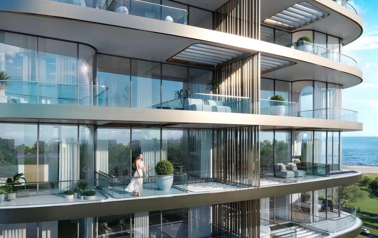 Curved glass balconies stacked along the facade, a resident walking a planted terrace above the shore