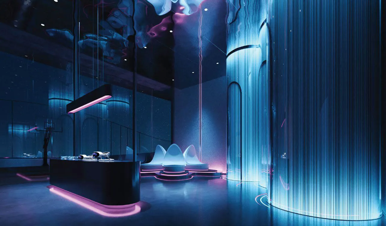 A bar counter edged in neon in a dark room, a backlit fluted wall running behind it