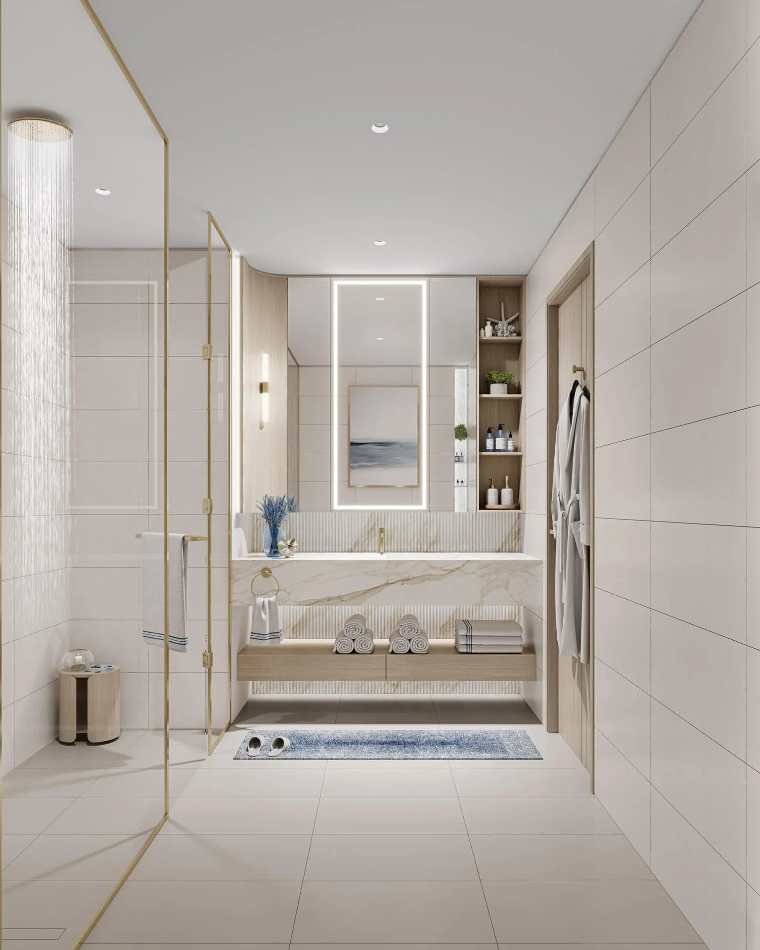 A bathroom in pale stone, a low bath under the window with the shower screened off beside it