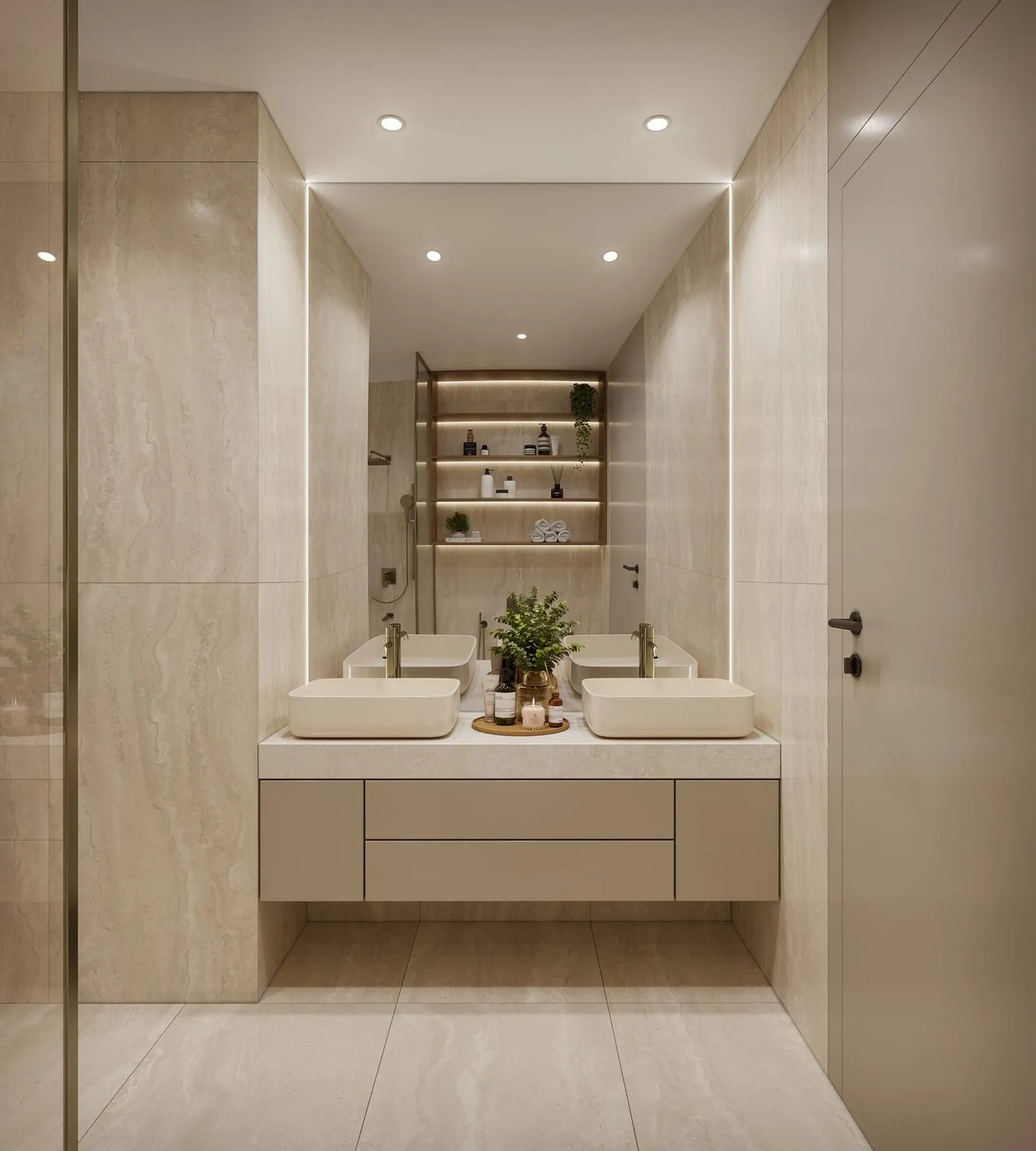 A bathroom with a mirrored double vanity and a door leading to the bedroom