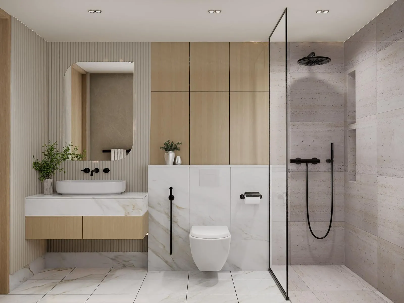 A bathroom with a double vanity, glass-enclosed shower, and warm tiled flooring