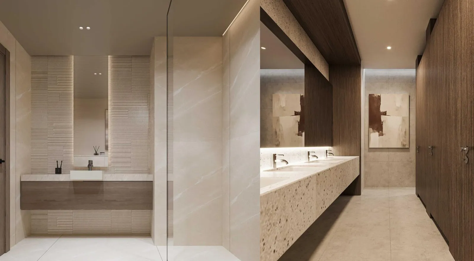A long double vanity under a full-width mirror, with a timber-lined alcove at the end of the room