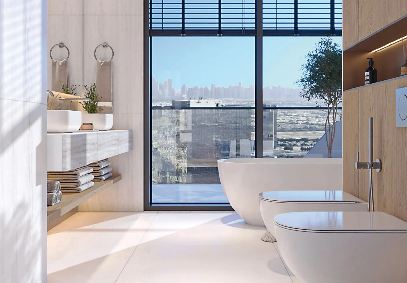 A bathroom with a freestanding bath at the window, a wall-hung basin and a floor-standing tap