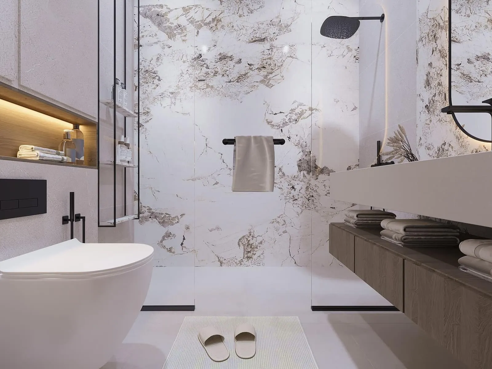 Marble bathroom with a freestanding tub and rainfall shower