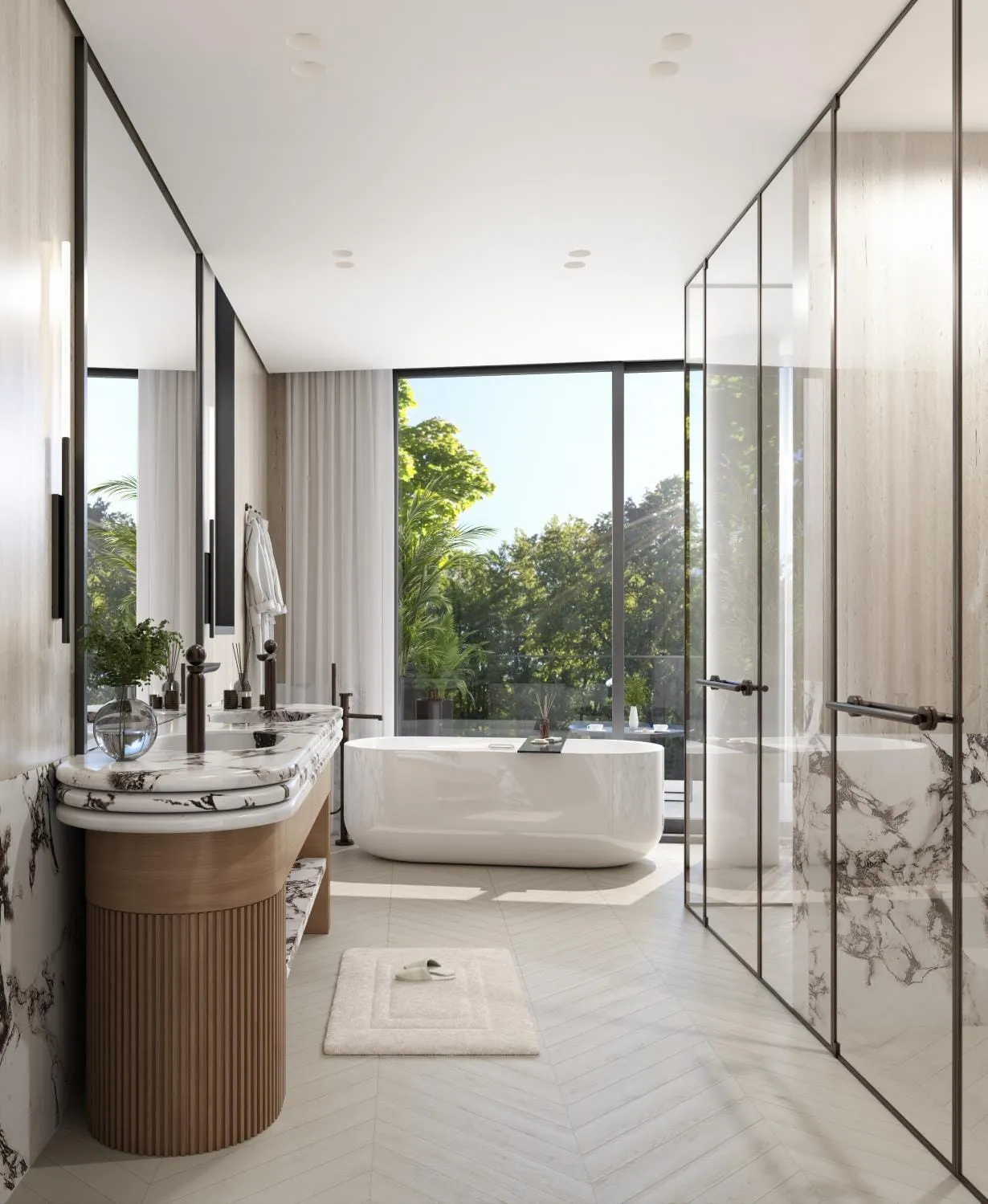 A Karl Lagerfeld bathroom with a glass shower beside the bath and a timber vanity