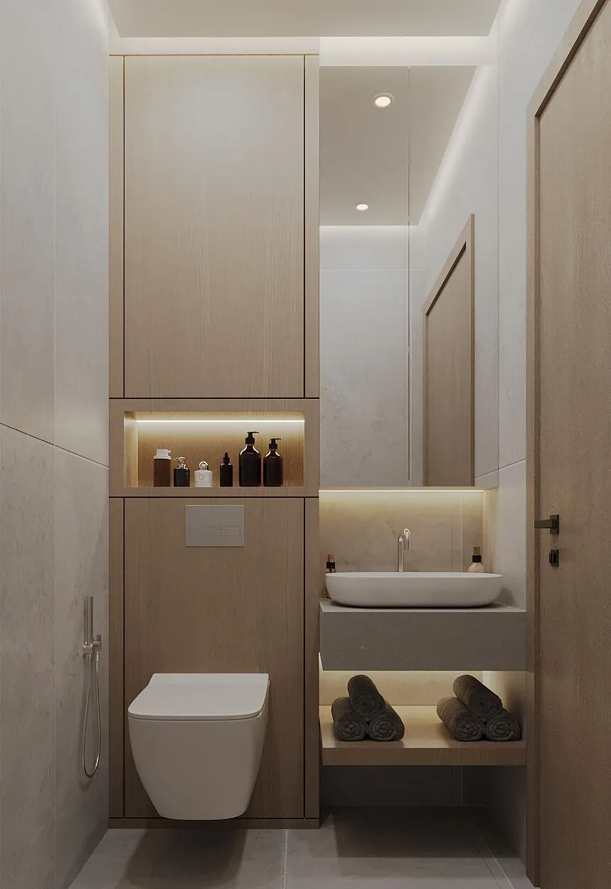A guest bathroom, a wall-hung basin under a backlit mirror with recessed shelving alongside