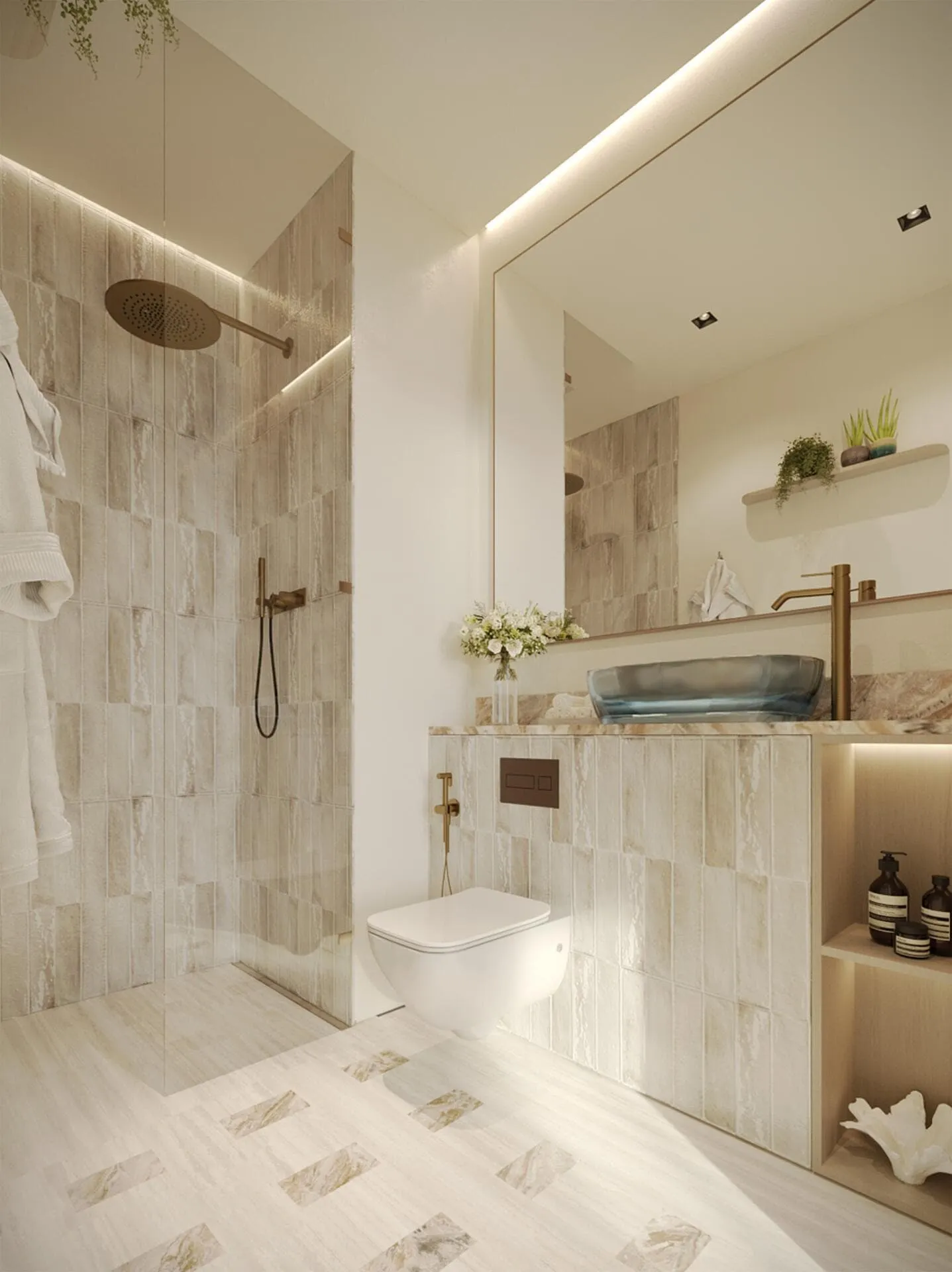 Bathroom finished in marble with a full-length mirror wall.