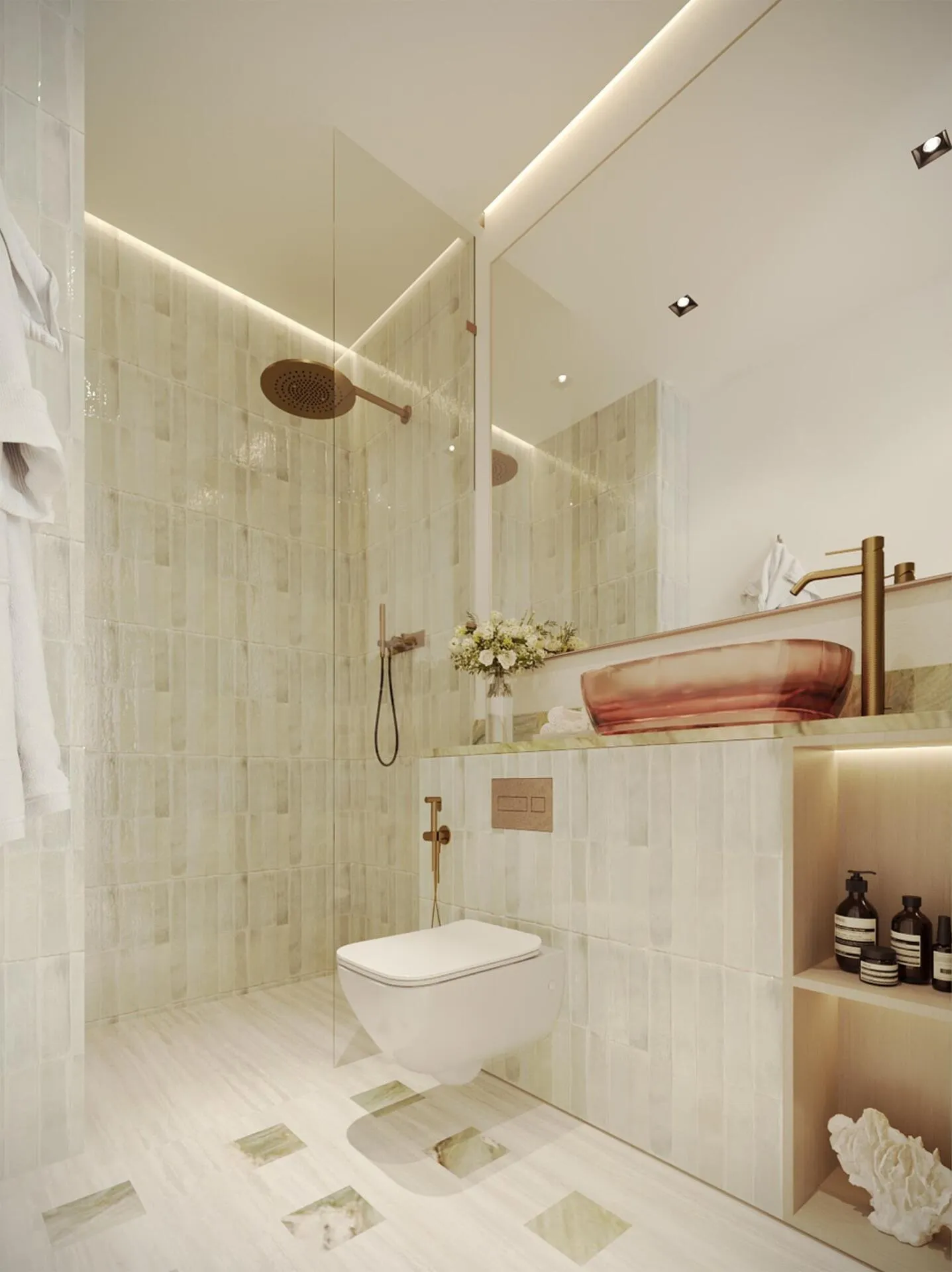 Marble bathroom with a glass rain shower and warm terracotta accents.