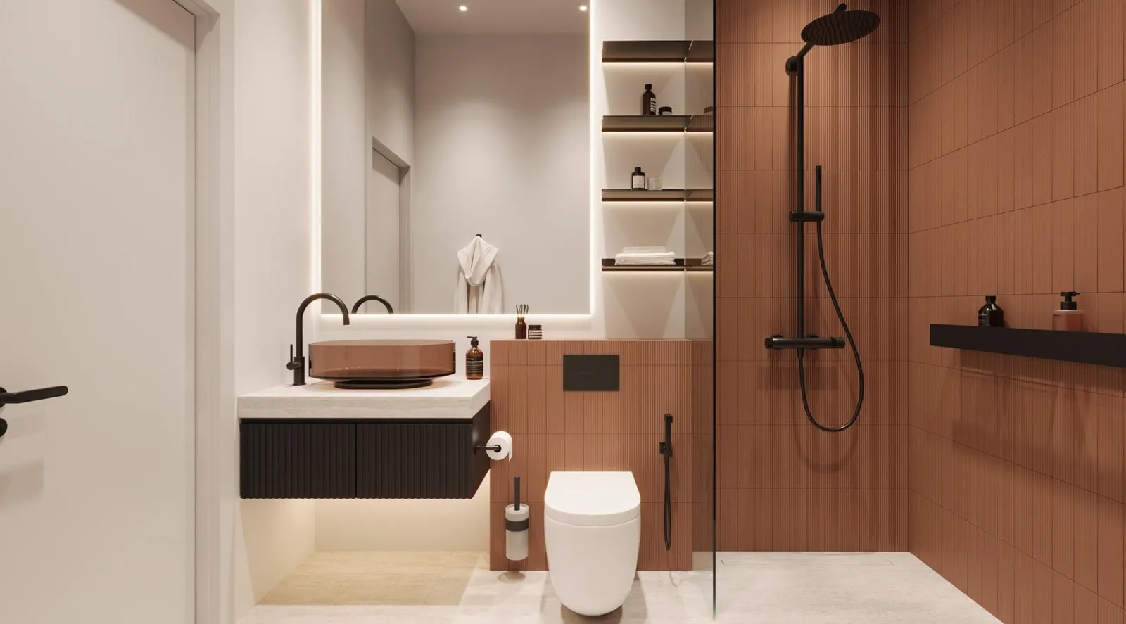 A shower room in the same terracotta stone, with a washbasin, rain shower and wall-hung WC