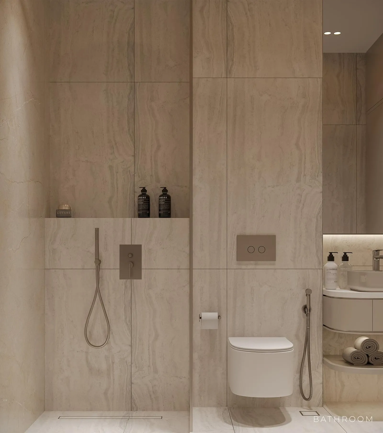 Bathroom with walk-in shower finishing example at Linea by Holm.