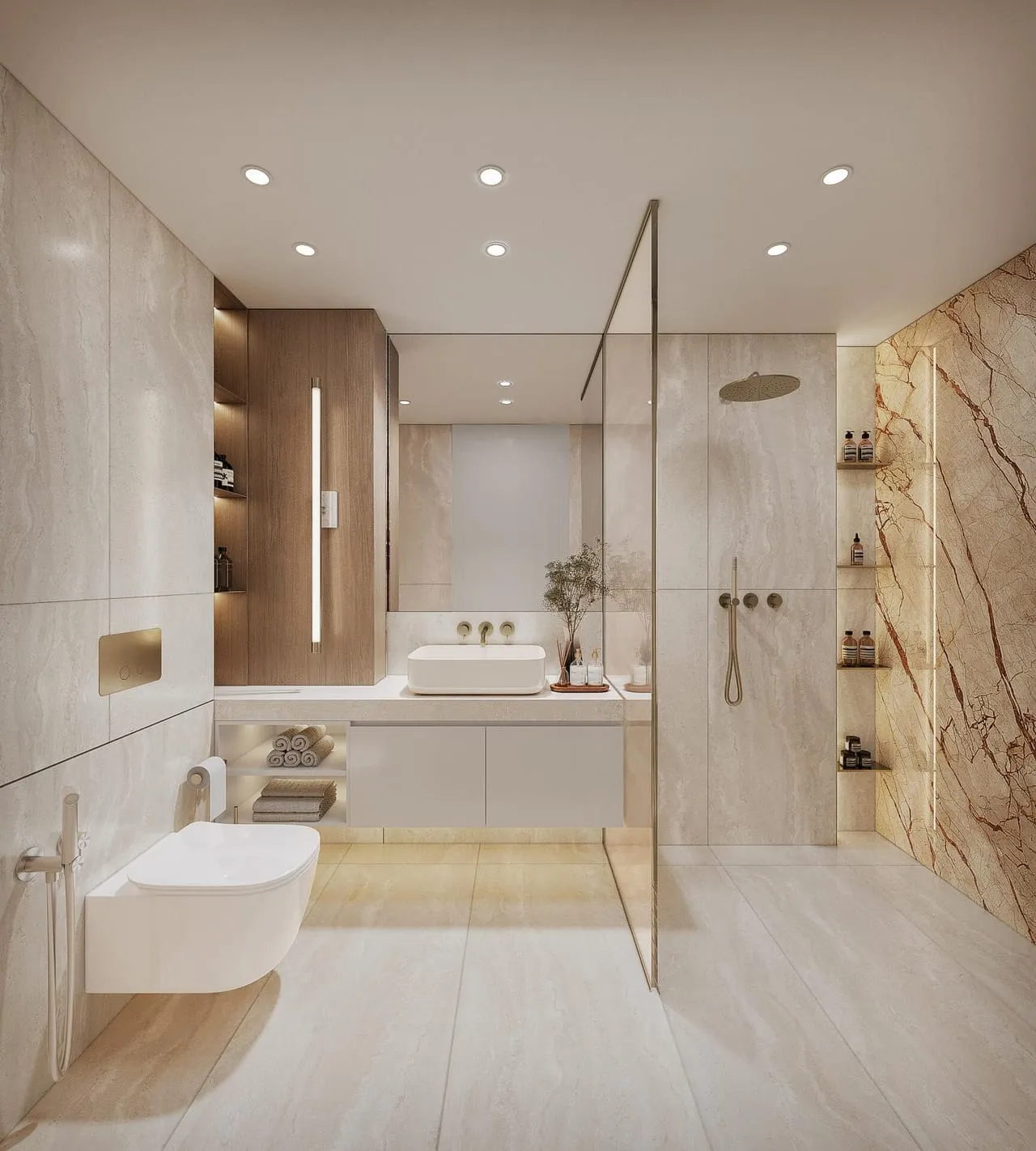A spa-style bathroom with a corner rain shower, stone walls and a double vanity