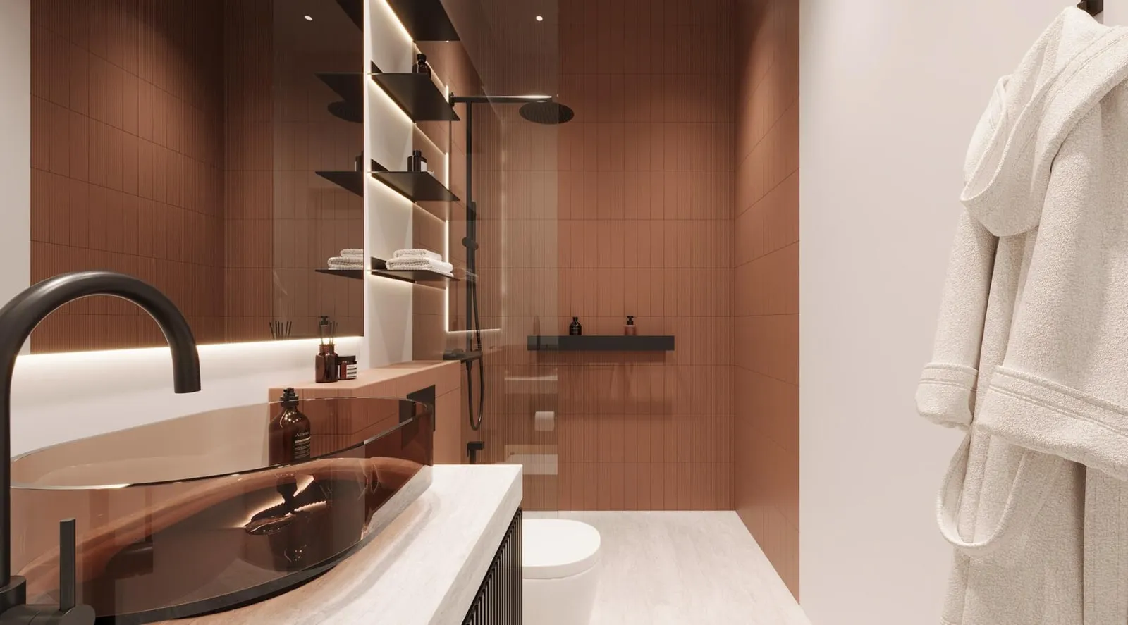 A bathroom clad in terracotta stone with a deep tub, open shelving and a hanging bathrobe
