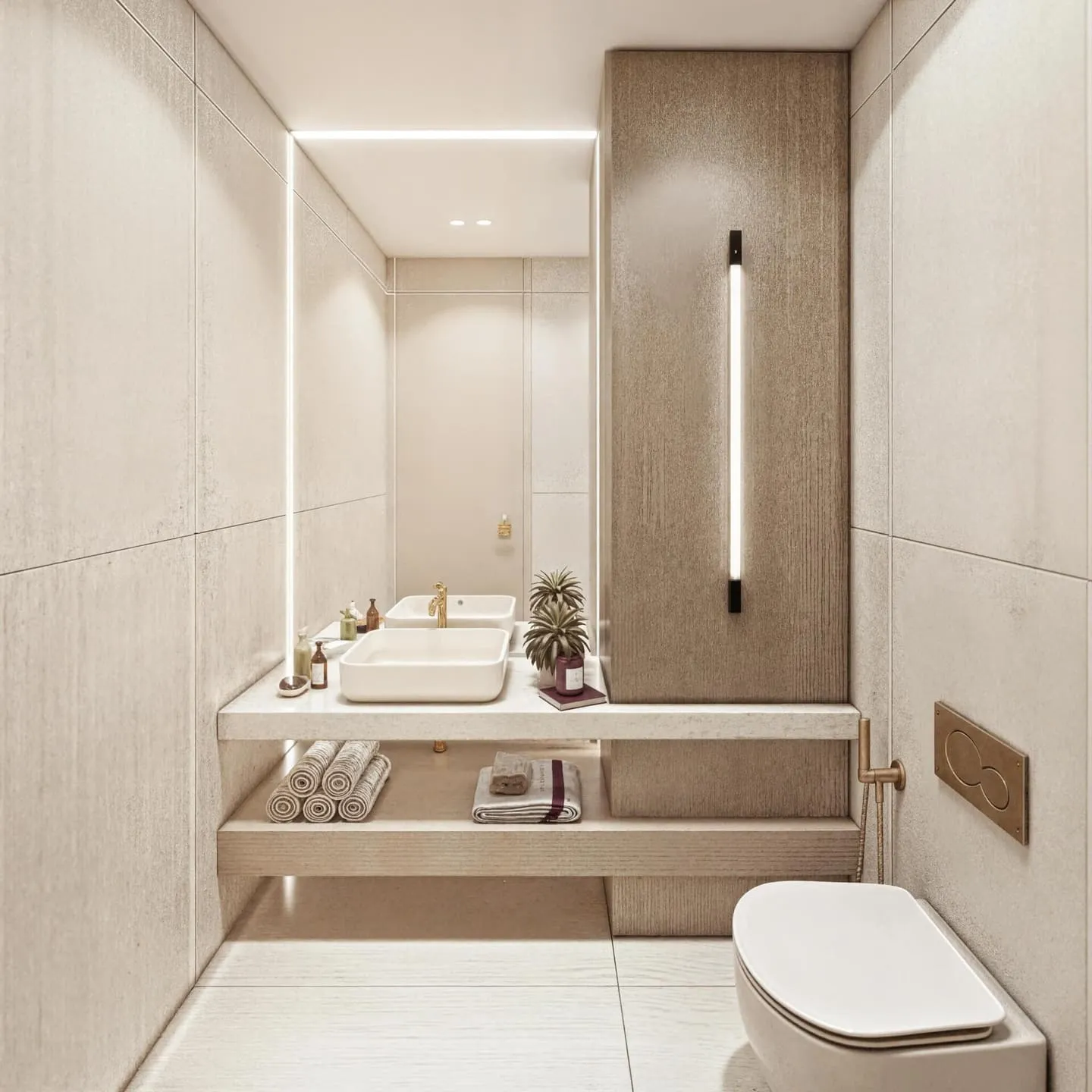 A compact bathroom with a single vanity lit by a vertical strip beside the mirror
