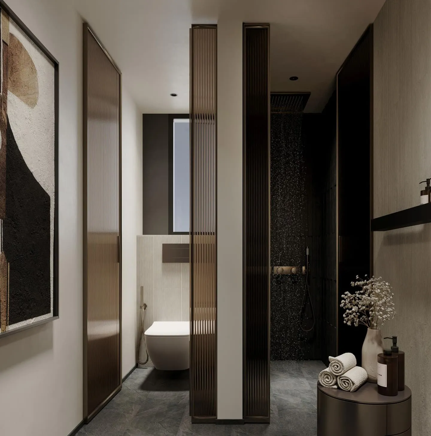 A bathroom with a timber vanity, backlit mirror panels and a freestanding tub beyond