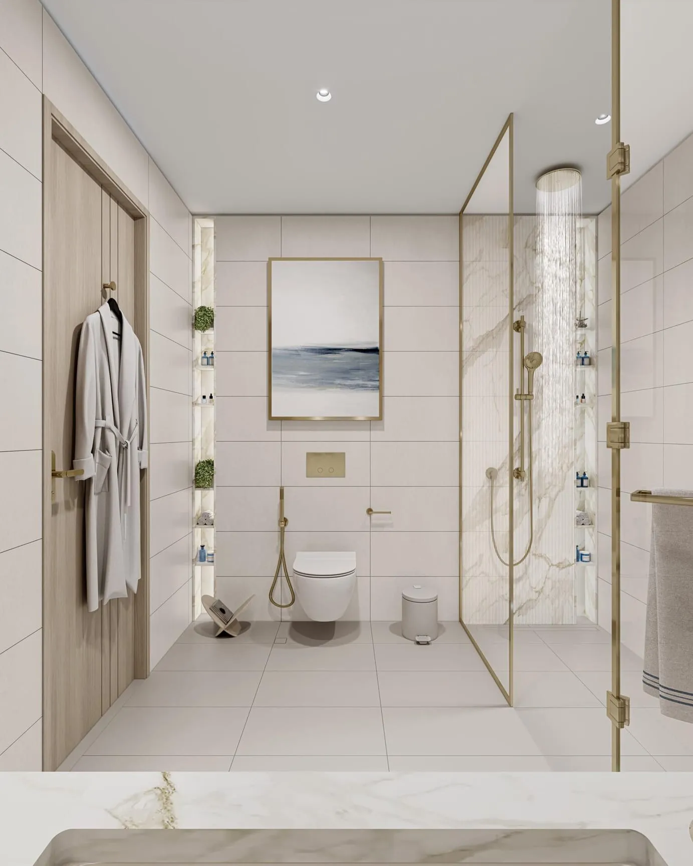 A second bathroom, a walk-in shower behind clear glass with a framed print on the tiled wall