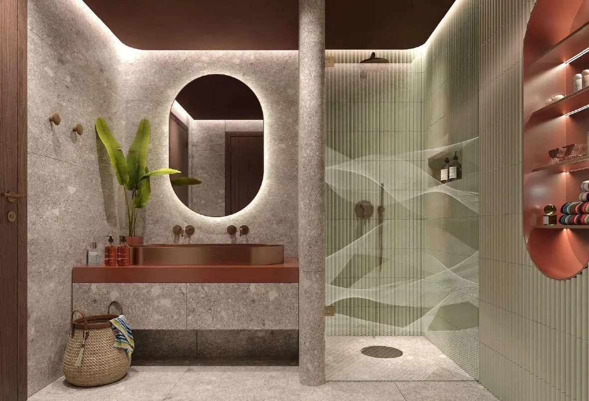 Render of a bathroom with an oval mirror, a stone basin and a walk-in shower