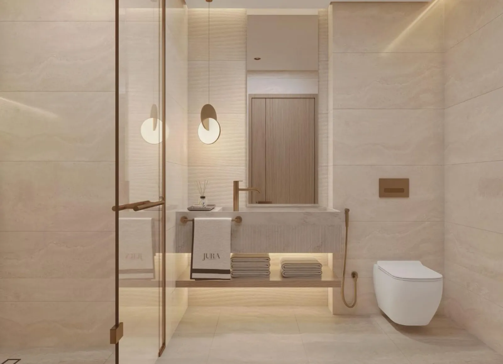 A bathroom with two pendant lights over a ribbed basin, folded towels on a lit timber shelf and a walk-in shower