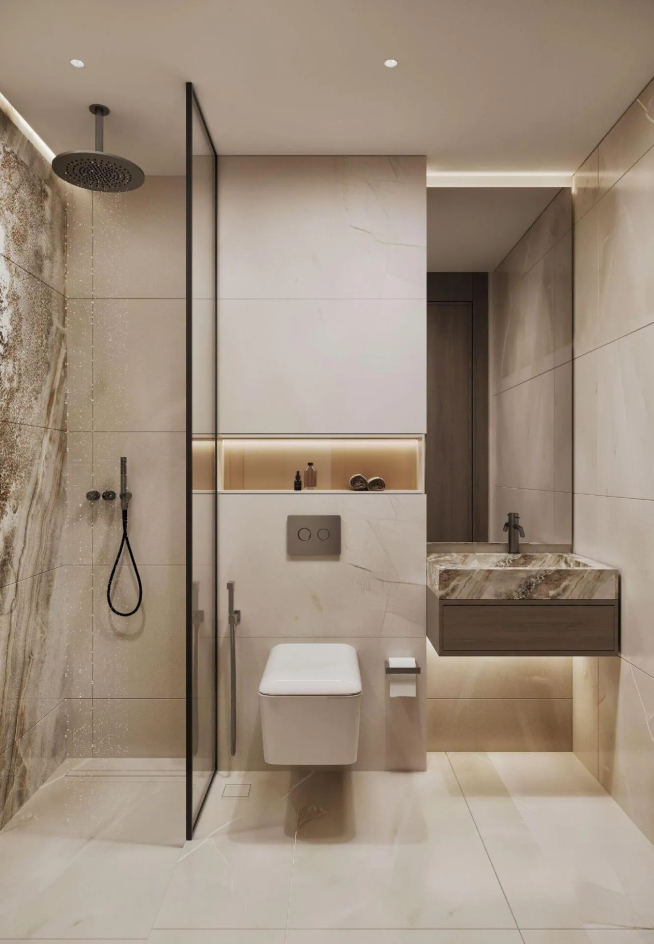 A bathroom with a glass-enclosed shower and a double vanity along the wall