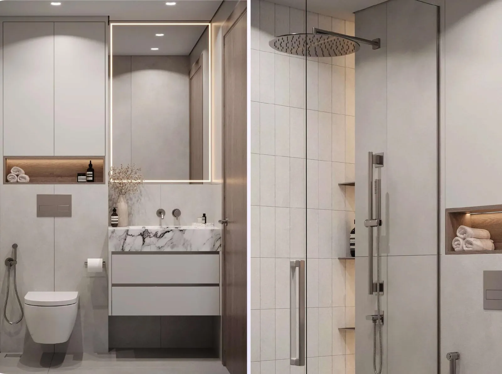 A bathroom with a walk-in shower behind glass, twin basins along the wall