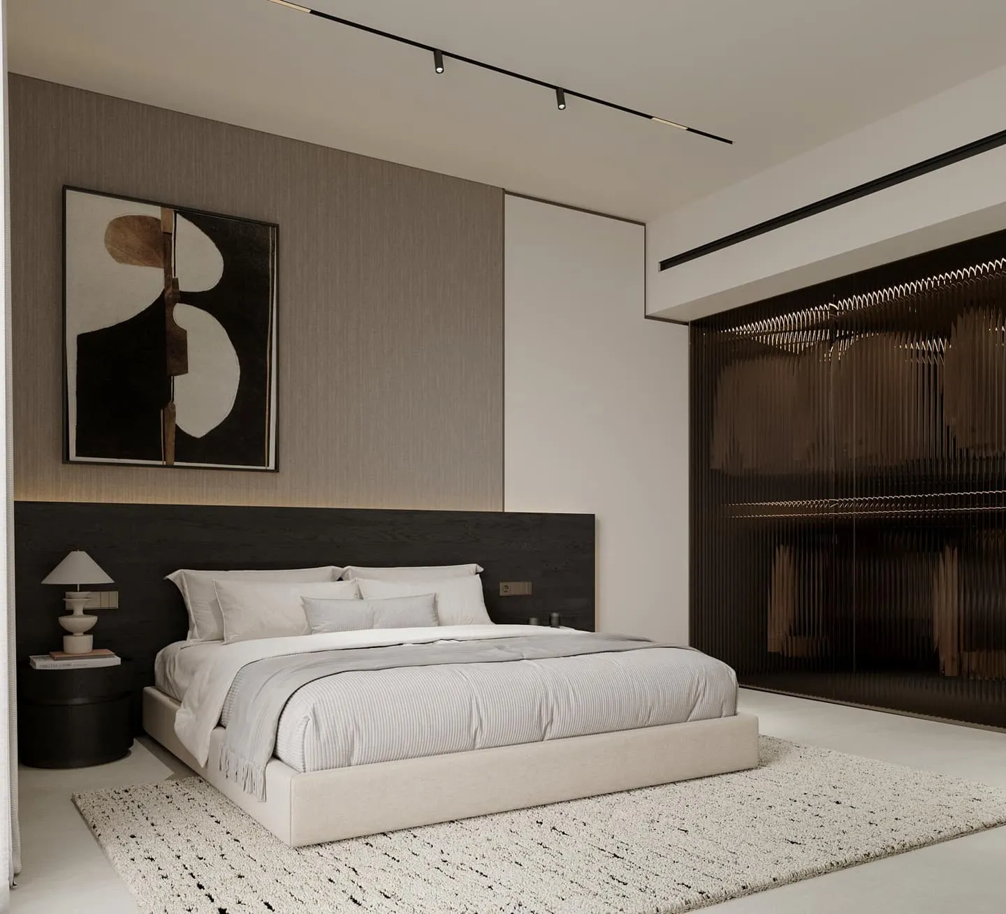 A bedroom with a dark panelled accent wall and a bench at the foot of the bed