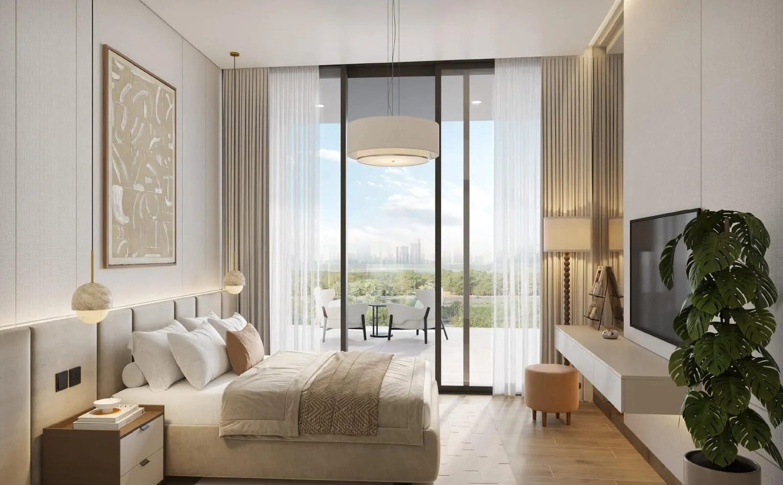 A bedroom opening through sliding doors onto a balcony with a table and chairs, a large framed print beside the bed