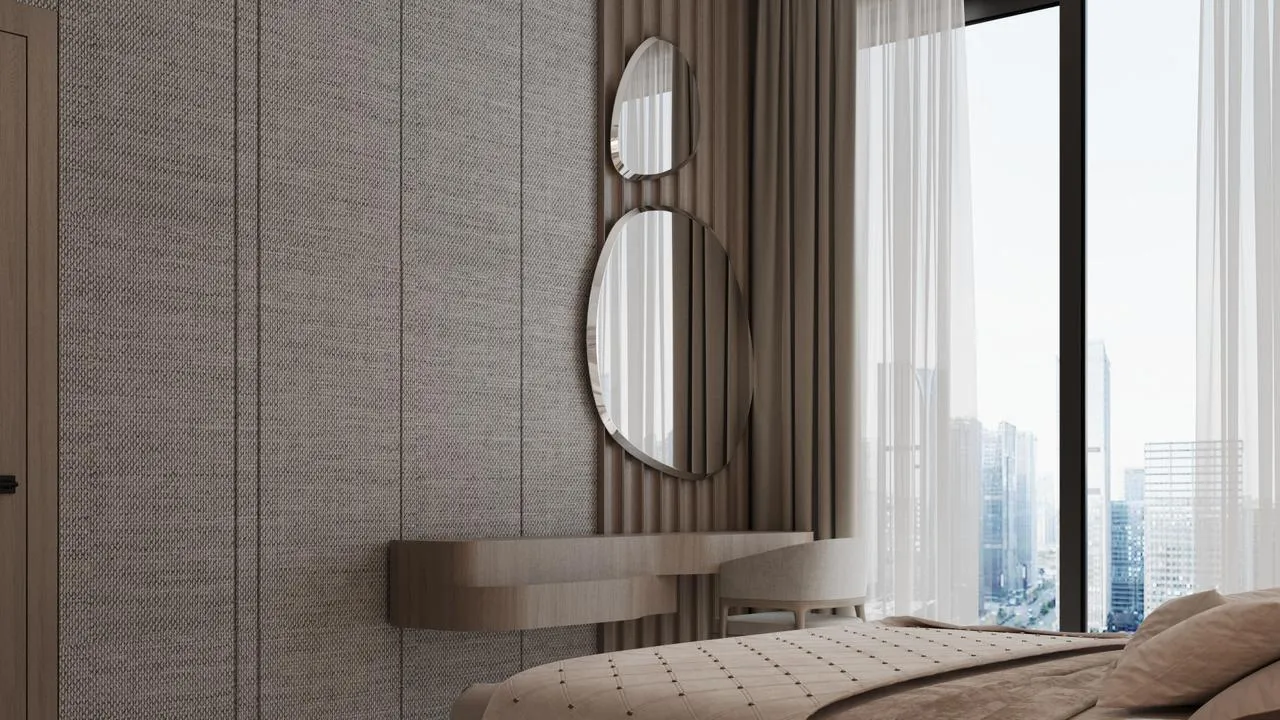 A bedroom wall of vertical fluting, a mirror over a floating timber console and the city through the window beside the bed