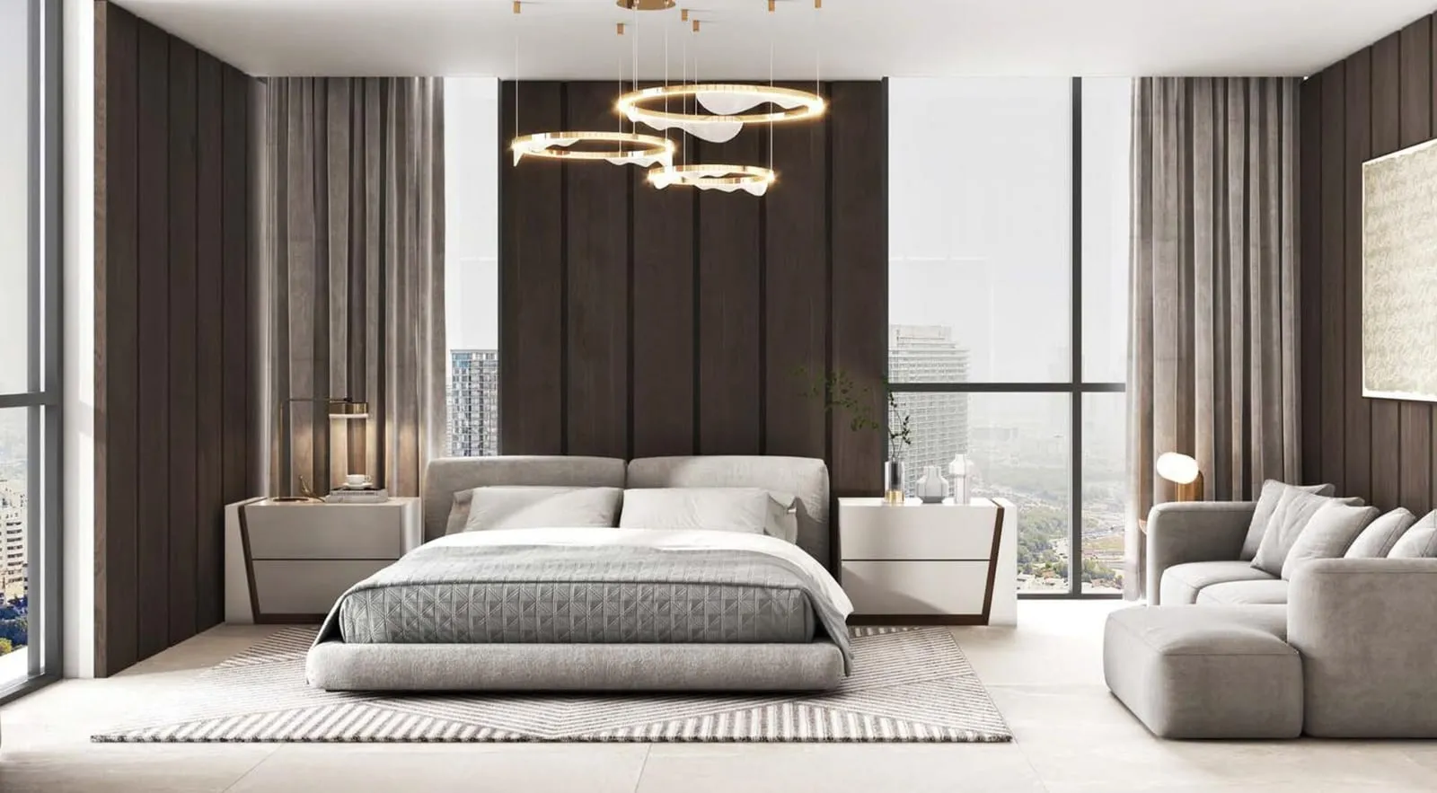 Master bedroom finished in a dark wood palette with a statement chandelier