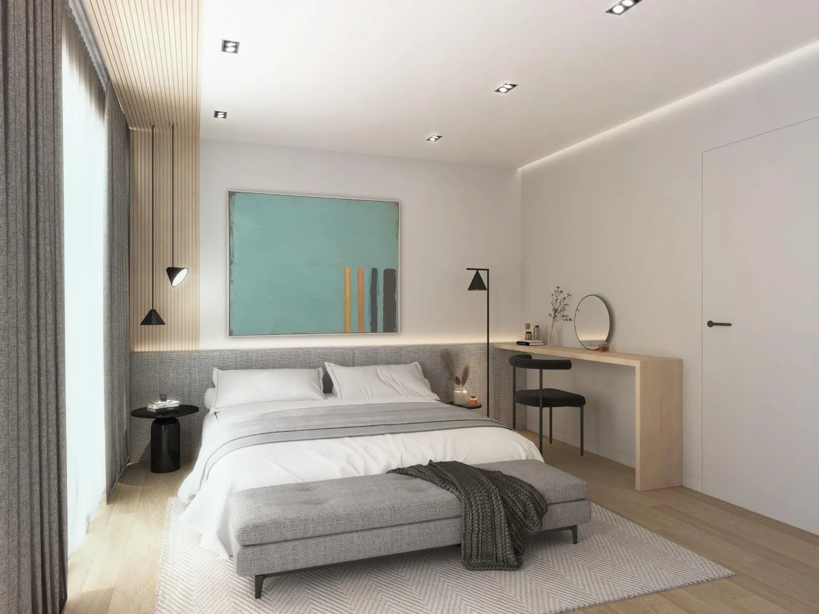 A Taormina Village bedroom with a study desk under a framed artwork