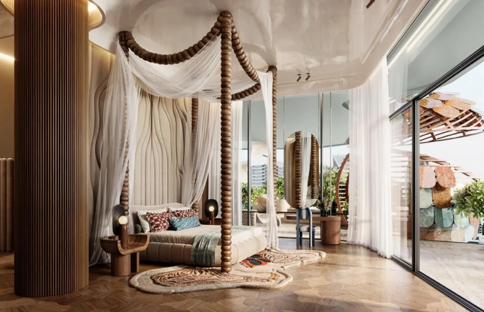 A bedroom with a draped four poster bed, sheer curtains along the glass and timber panelling behind