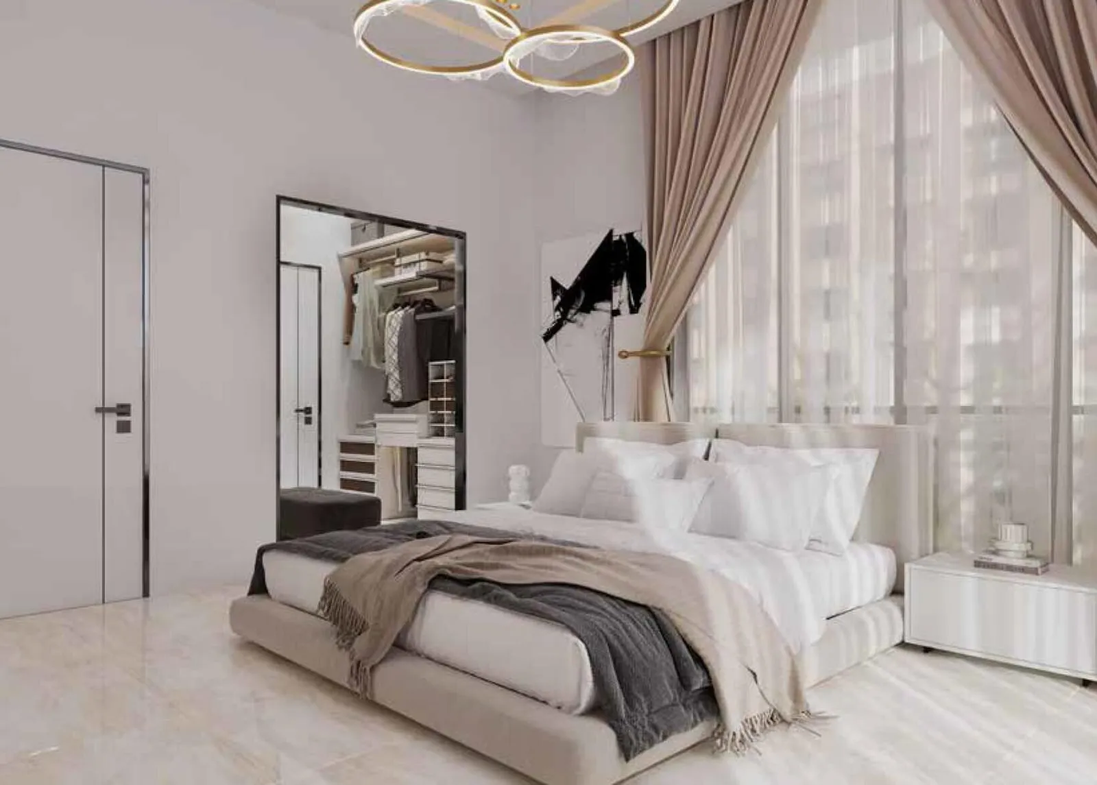 A bedroom with a draped window, a full-length mirror and circular pendants hanging above the bed