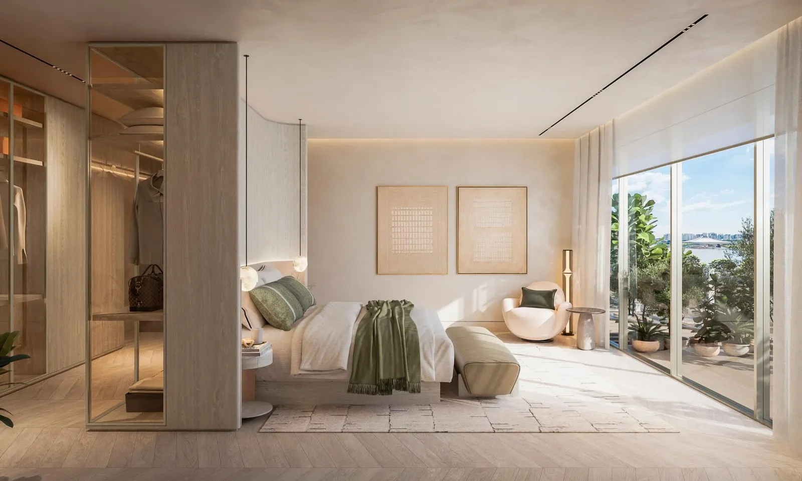 A bedroom separated from its dressing area by a curved partition, with sliding doors onto the garden