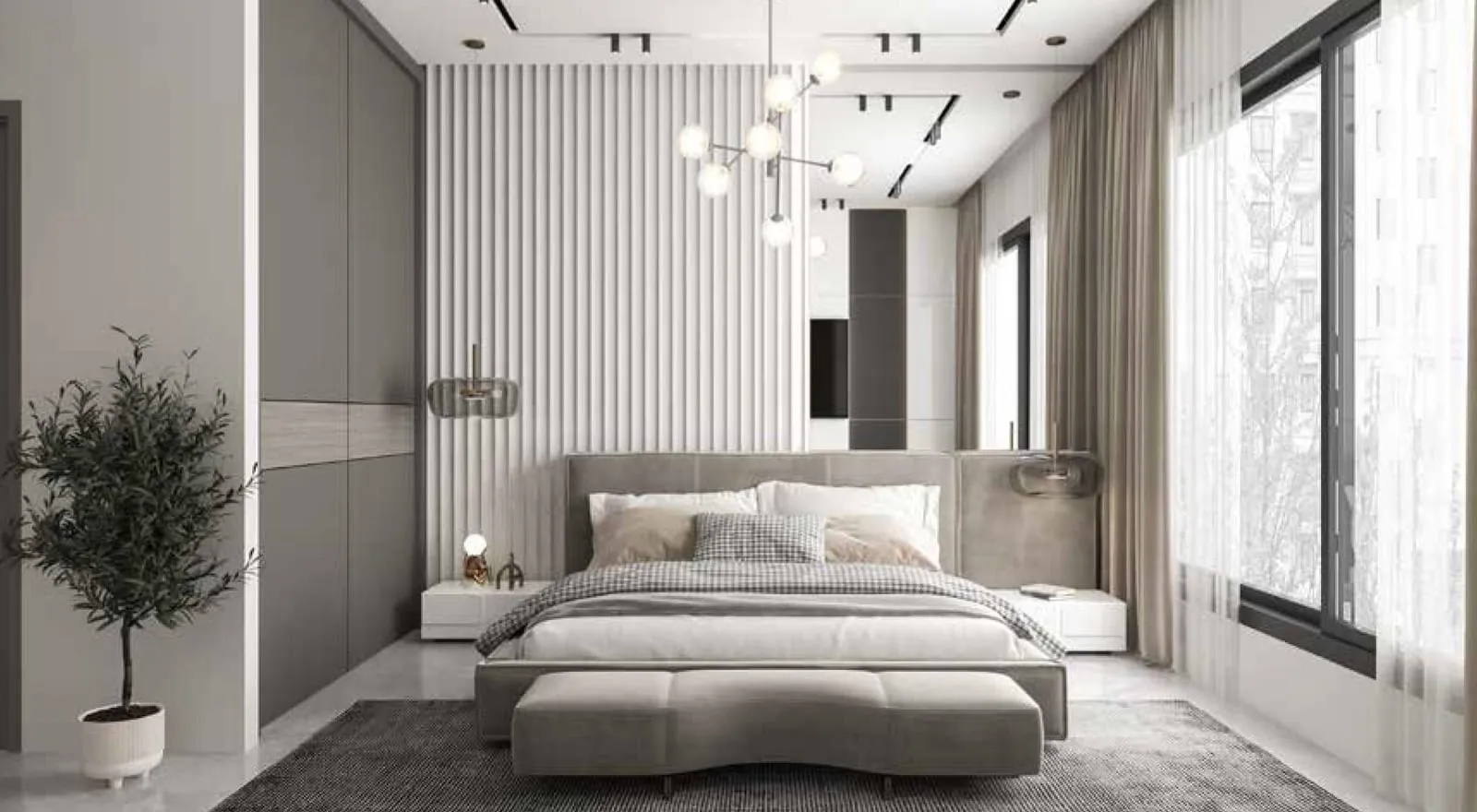 A bedroom with a fluted panelled wall behind the bed and a potted olive tree beside the window