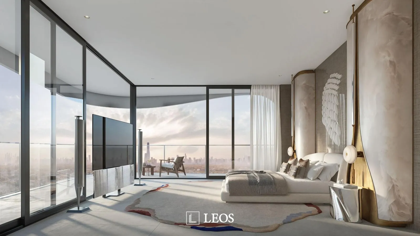 A bedroom in a glazed corner, the bed set between two full height windows with the city beyond