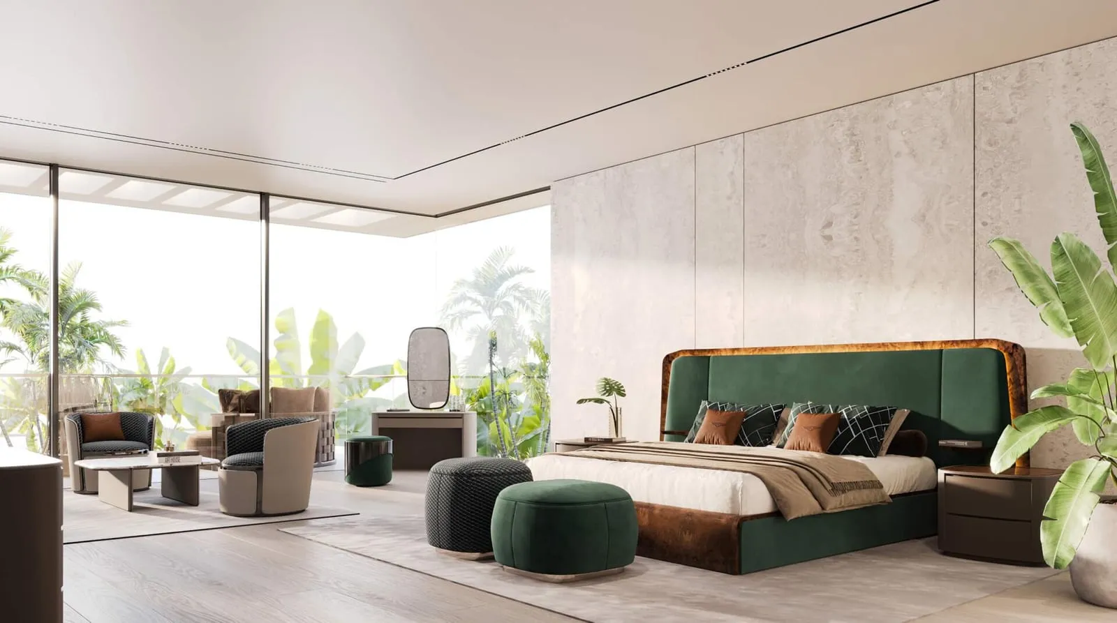 A Bentley Home bedroom with a green velvet bed and a bench at its foot